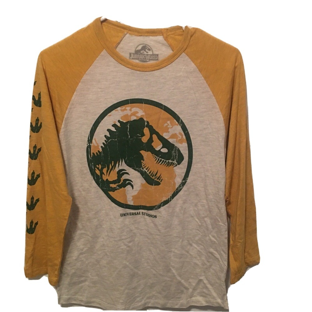 Jurassic World universal studios Gold and Cream Graphic Raglan Tee 3/4 Sleeve